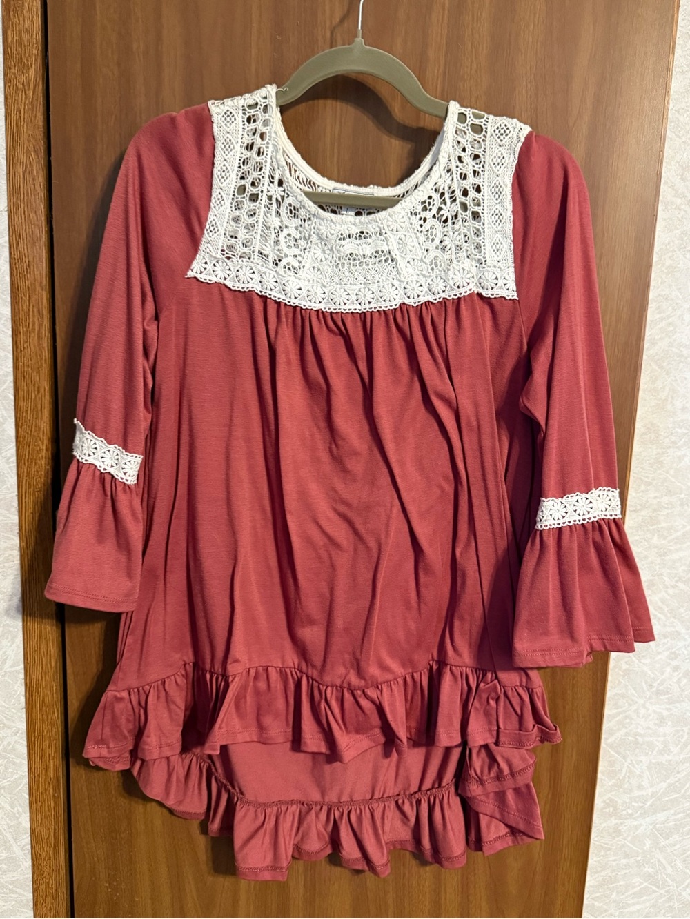 A Dip of Darling Lace Yoke Ruffle Tunic Top - Rosewood